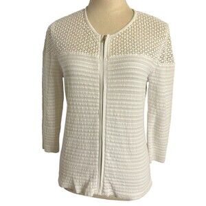 Ann Taylor White Full Zip Crochet Lace Texture Knit 3/4 Sleeves Cardigan Top MP